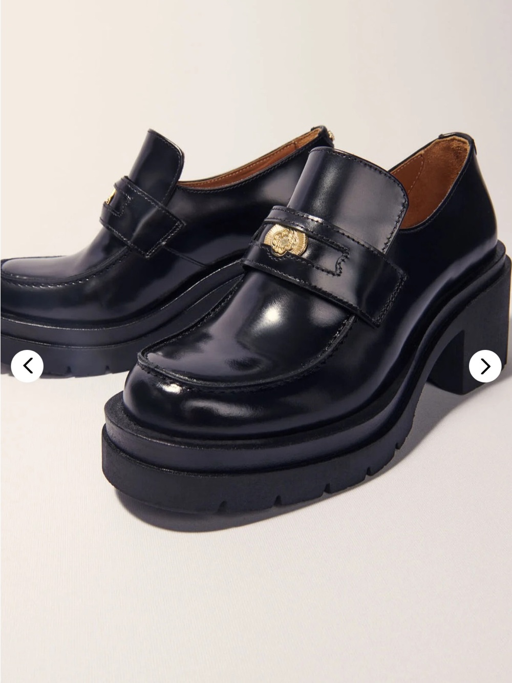 Maje Black Patent Leather Platform Loafers with Gold Accent